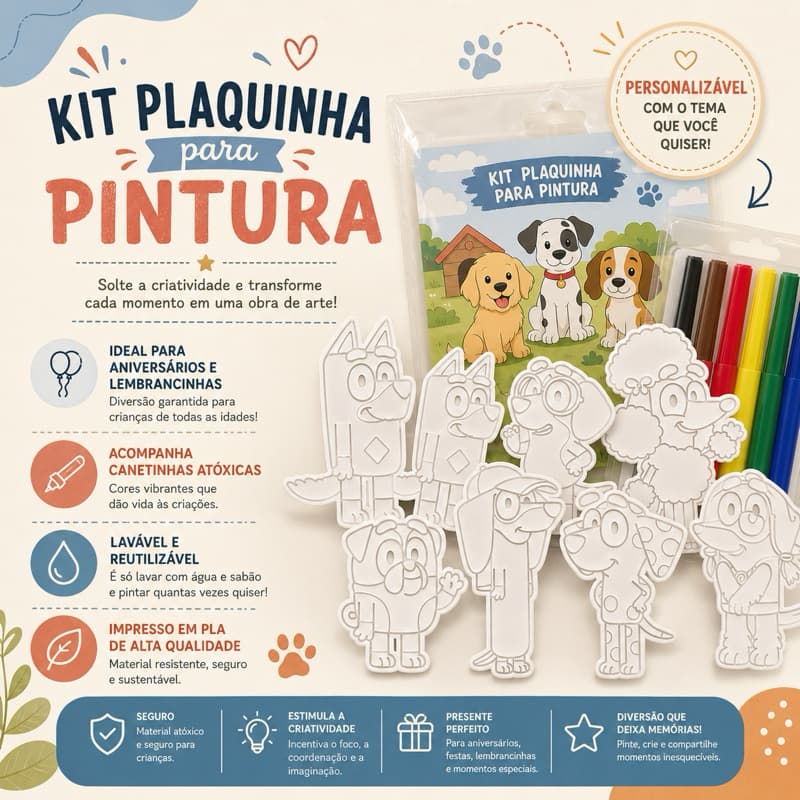 Kit Colorir 3D Personalizado Infantil + 6 Canetinhas + papel Lembrancinha + 15 Chaveiros Personalizados | Aniversário