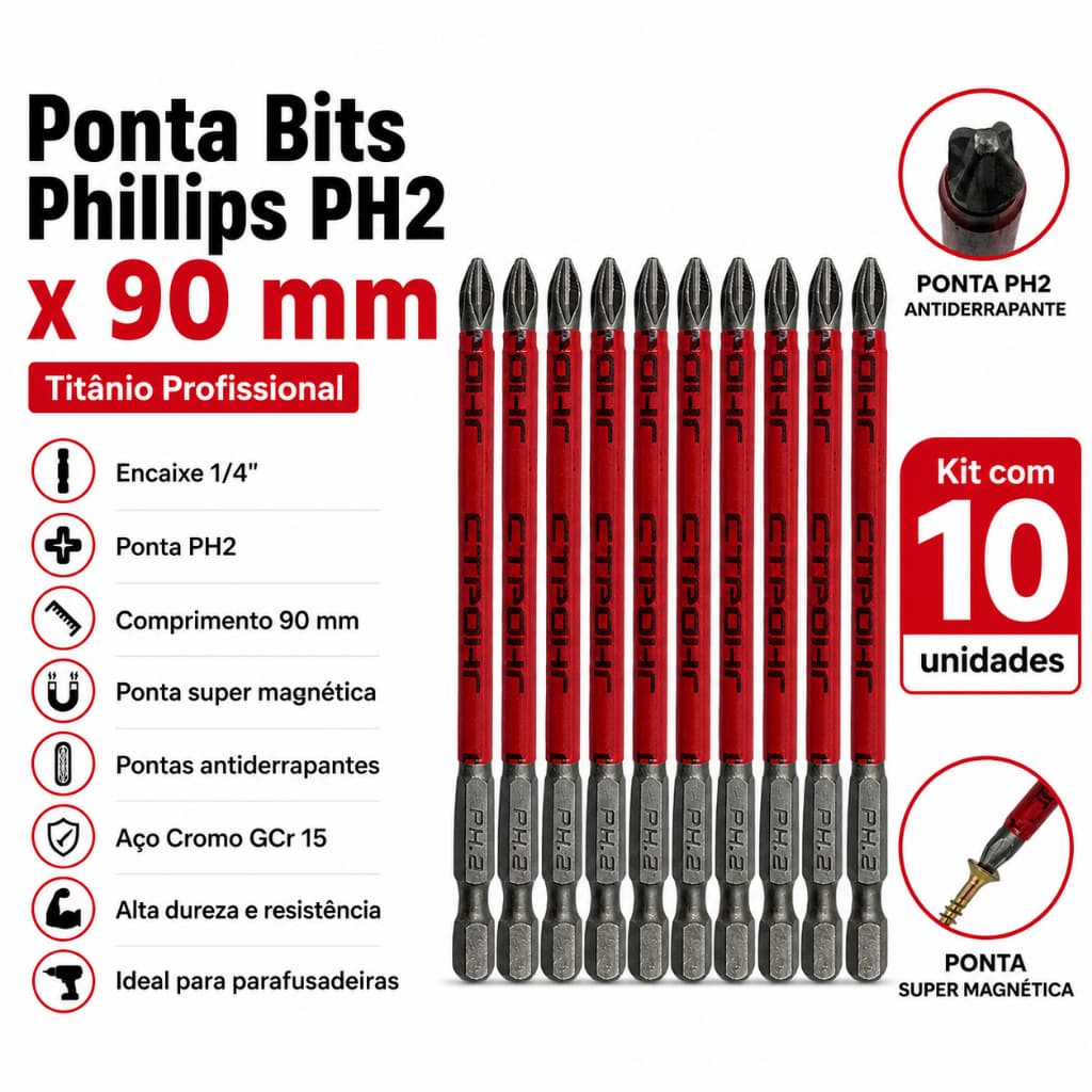 Kit Bits Philips Longo PH2x90MM Antiderrapante/Pontas com imã
