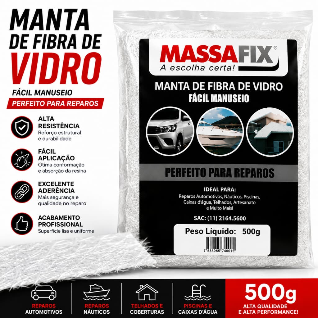 Manta Fibra de Vidro 500g Massafix Para Resina Laminação Reparo Automotivo Náutico