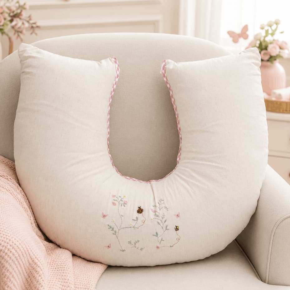 Almofada Amamentação Jardim Encantado Flores Linho Luxo 100% Algodão Grande com Zíper Bordado Menina