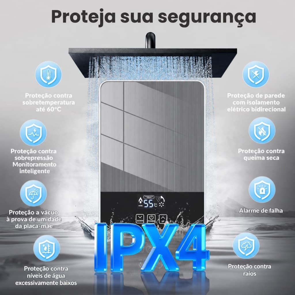 Aquecedor de Água Elétrico Instantâneo 5000W Sem Tanque Tela LED IPX4 Banheiro Cozinha