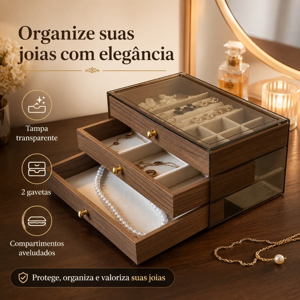 Caixa de joias de acrílico de luxo com 3 camadas organizadora