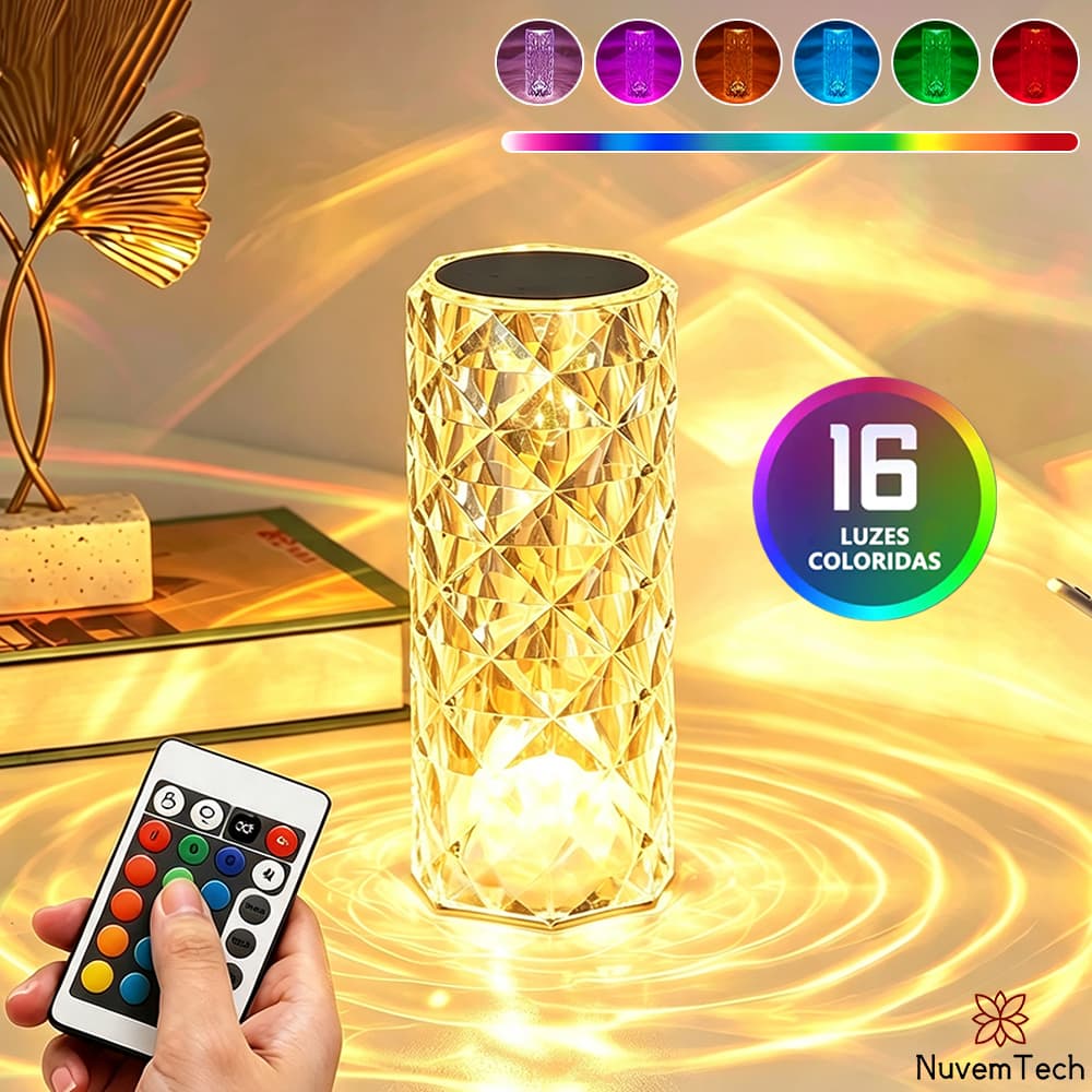Luminária De Mesa Cristal Diamante Controle Toque Lâmpad Cabeceira Quarto Com Controle Remoto 16 Cores Luz LED Projeção
