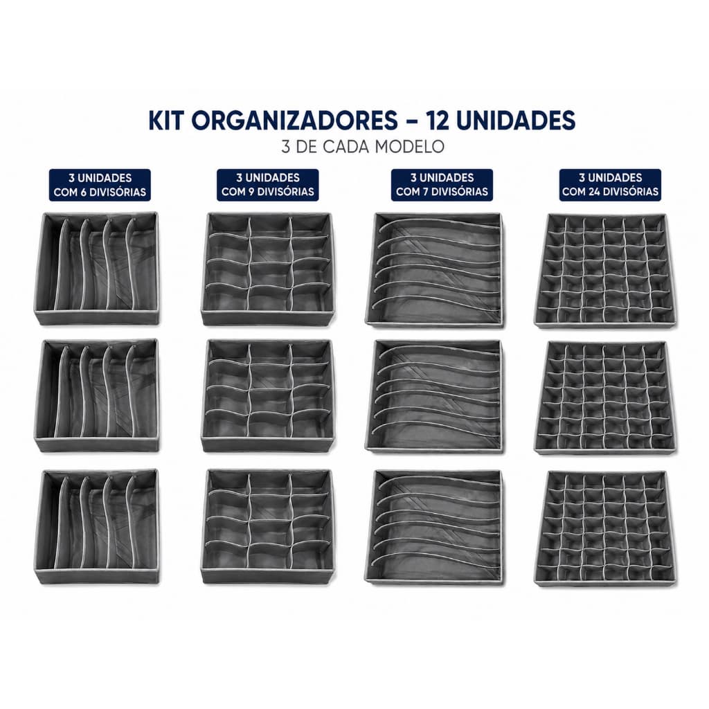 Kit com 12 Organizadores Dobráveis para Gavetas com 132 Divisórias Sortidos – Roupas Calcinha Cuecas  Sutiã
