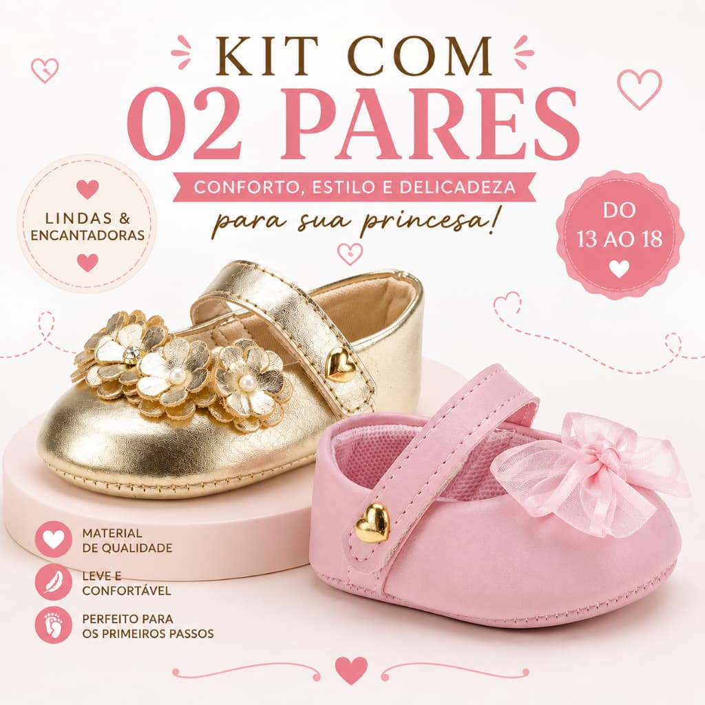 sapatinho de bebê menina rosa e dourado sapatilha macia do 15 ao 18  kit com 02 pares