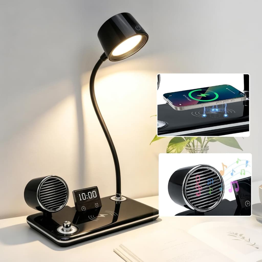 Luminária Led de Mesa Abajur com Som Relogio Alarme Carregador indução 4x1