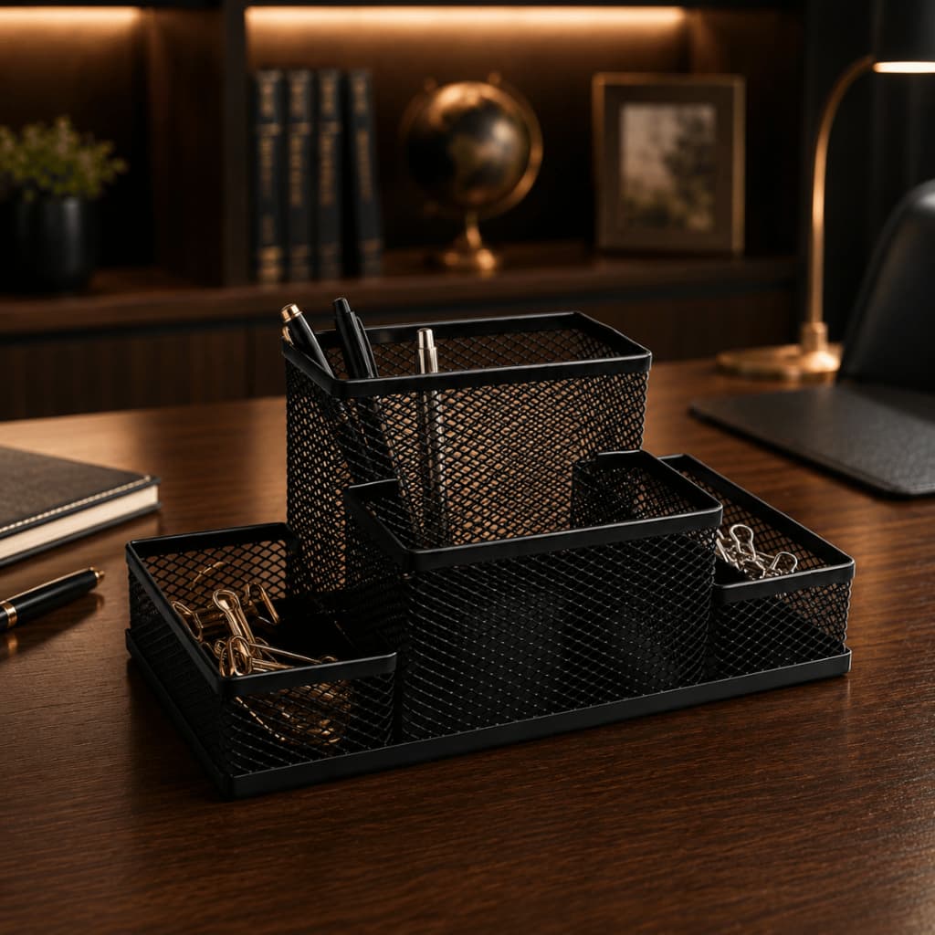 Porta Lapis Porta Caneta Porta Treco Organizador de Mesa Metal Aramado 4 Divisorias Mesa Escritorio