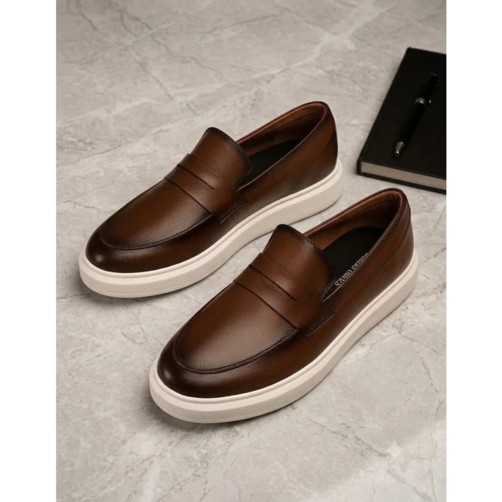 Loafer Masculino Sapato Penny Mocassim Mule Slip On Esporte Fino Café Marrom Evento Oxford Original Couro Sintético