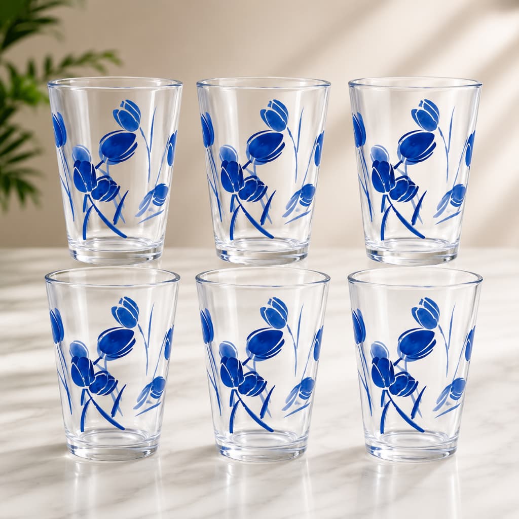 Conjunto de 6 Copos de Vidro Decorados 220ml – Estampas Variadas | Copos para Água, Suco, Refrigerante e Drinks