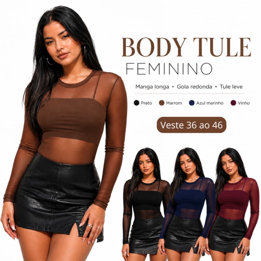 Body Tule Feminino Transparente Manga Longa Elegante Gola Alta Básico Blusa Balada Segunda Pele