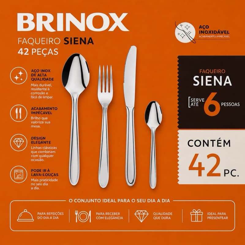 Faqueiro Brinox Siena 42 Peças Aço Inox Original Jogo de Talheres para 6 Pessoas
