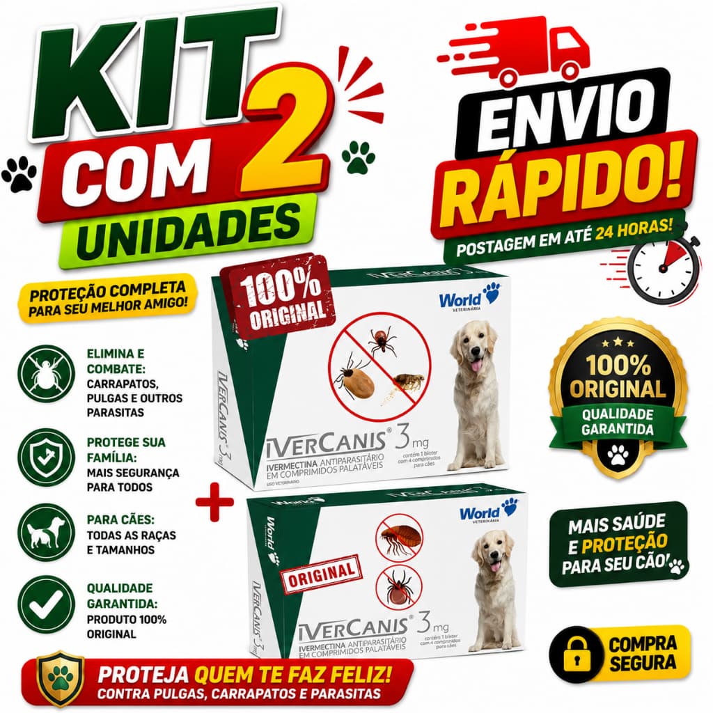Kit C/ 2 Remédio para carrapato, pulgas, sarna e Coceiras Ivercanis 3mg C/4 Comprimidos - World