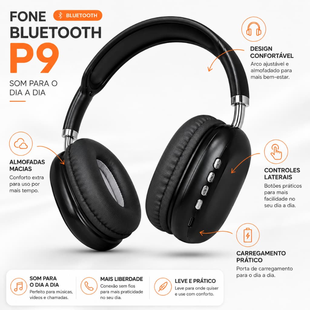 Fone de Ouvido Bluetooth Headphone Sem Fio Acolchoado Confortável Recarregável Com Controle Lateral