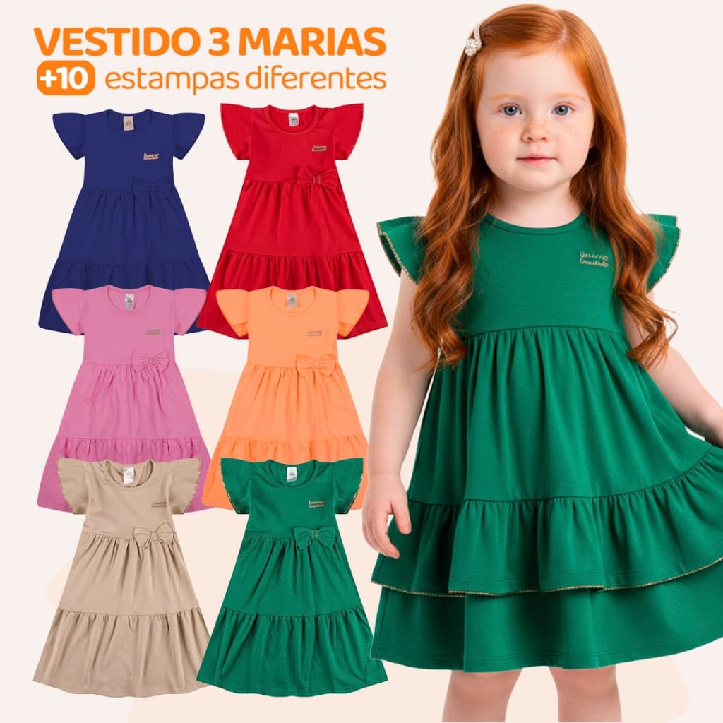 Kit 3 Vestido Bebe Menina Verão Três Marias 100% Algodão Com Laço - Kit Sortido