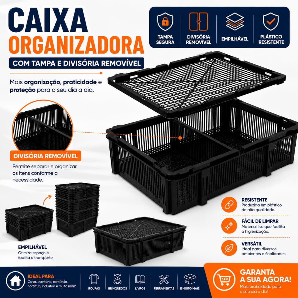 Caixa Organizadora Com Tampa Divisória Interna Preta Resistente Organização Multiuso