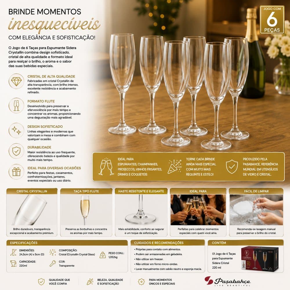 Jogo de 6 Taças para Espumante Sidera Cristal 220 ml