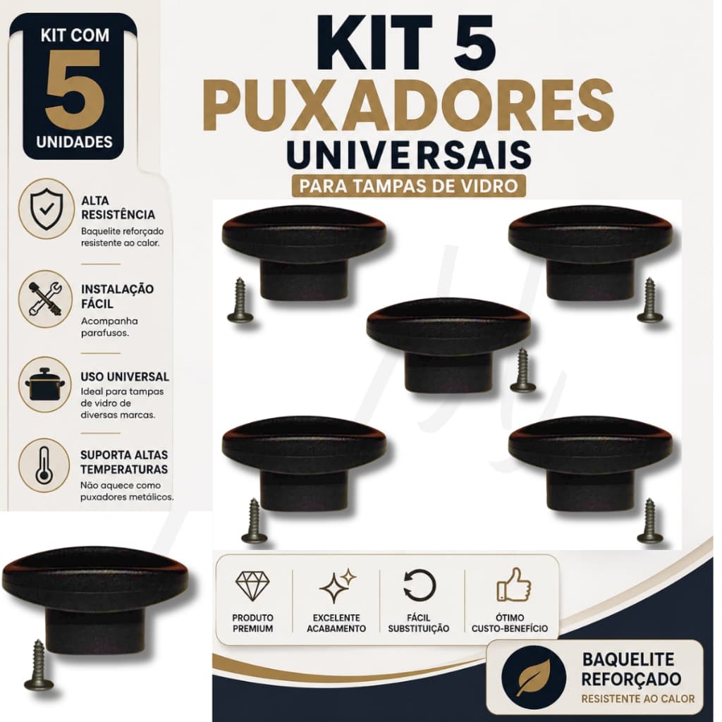 Kit 1 ou 5 Puxadores/Pomel para Tampa de Vidro de Panela + Parafusos | Universal Reposição Alça Tampa