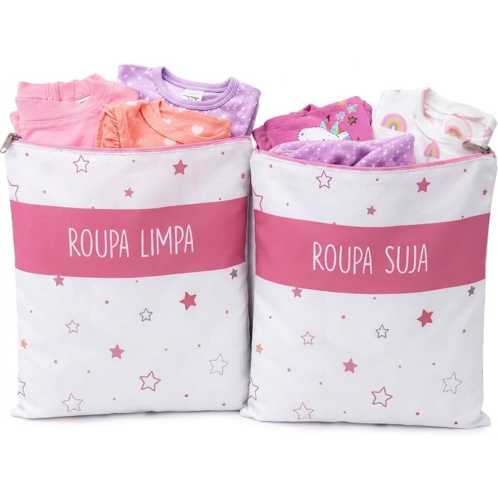 Kit 2 Saquinhos Impermeáveis Roupa Limpa e Roupa Suja Infantil Creche Escola 34x28cm Estampa Estrelinhas Rosa