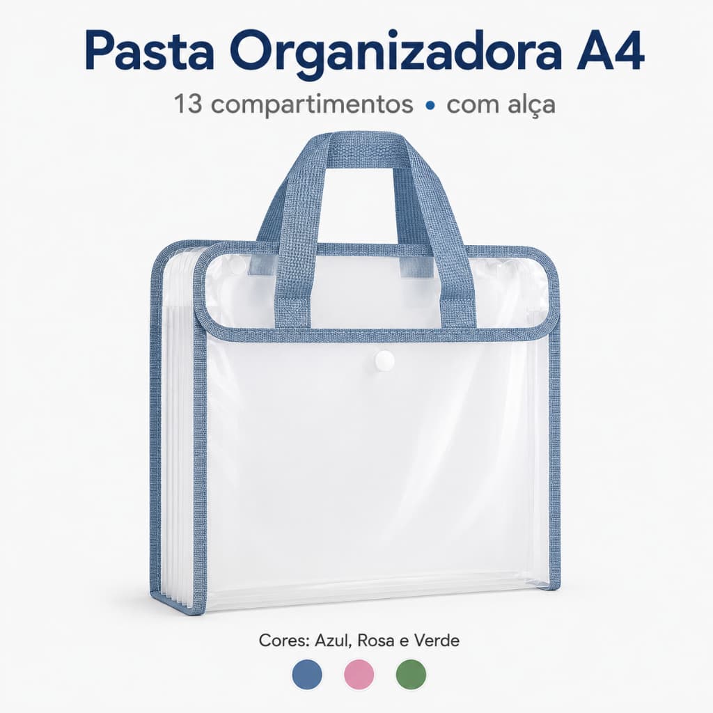 Pasta Organizadora Sanfonada A4 13 Divisórias com Alça e Botão - Azul, Rosa ou Verde