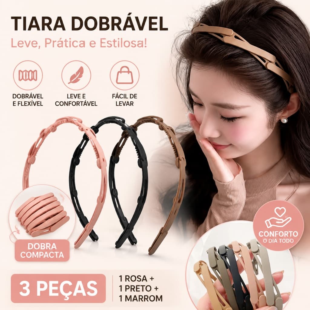 3PCS Faixa de cabelo dobrável de cor sólida para mulheres, simples, Thick, Non-Slip, Flexible, Unbreakable