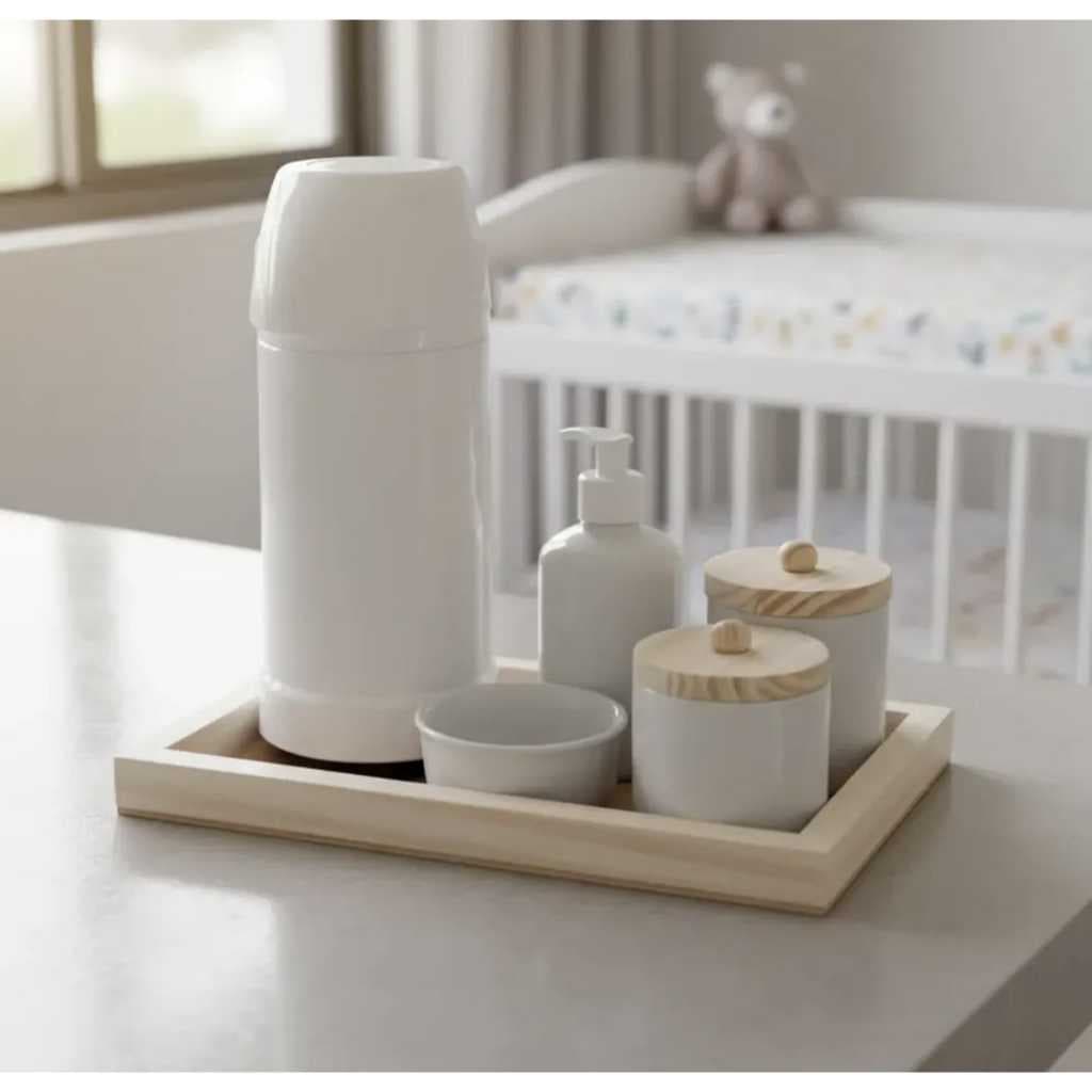 Kit Higiene Bebê Porcelana completo garrafa grande pump apertar pressão potes menina menino maternidade bandeja madeira
