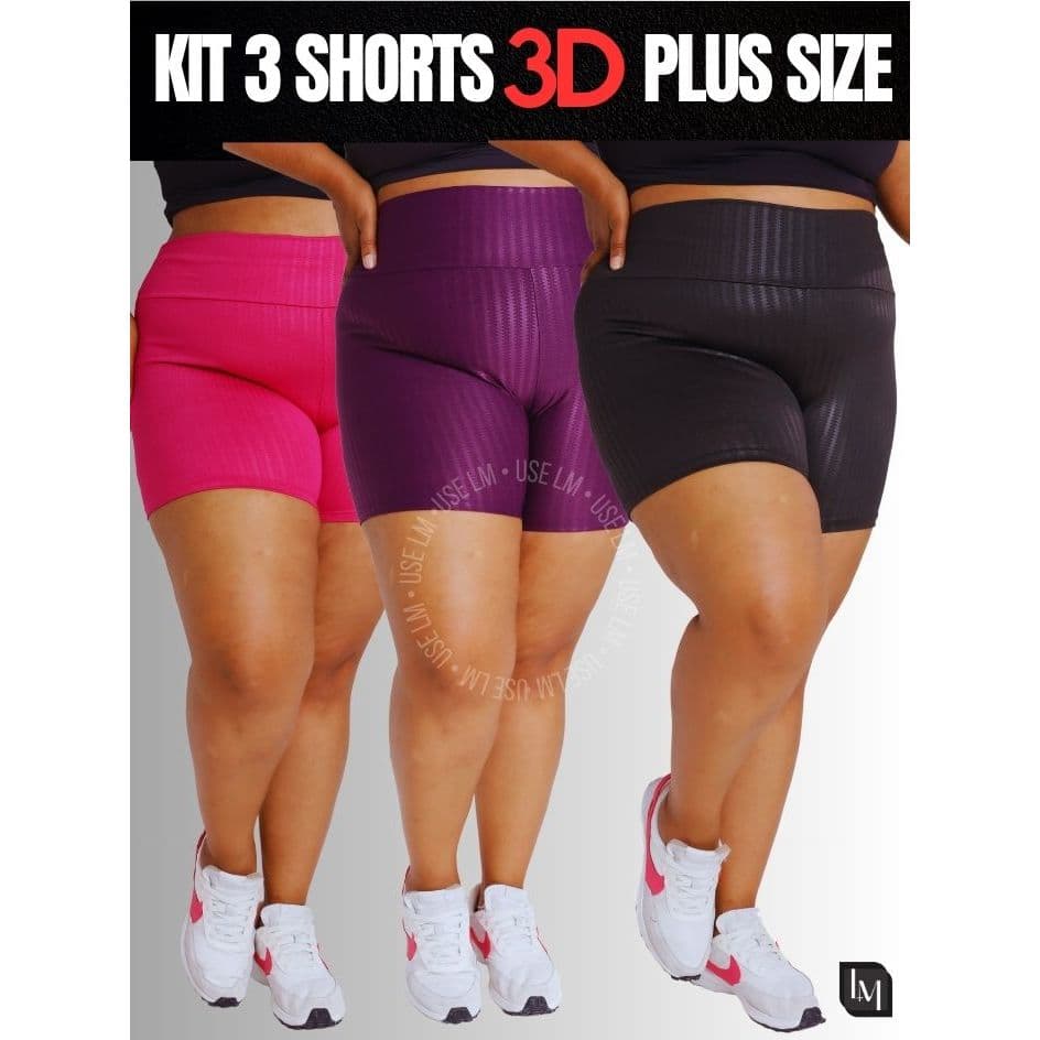 Kit C/3 Shorts Suplex 3D Plus Size Cintura Alta Academia