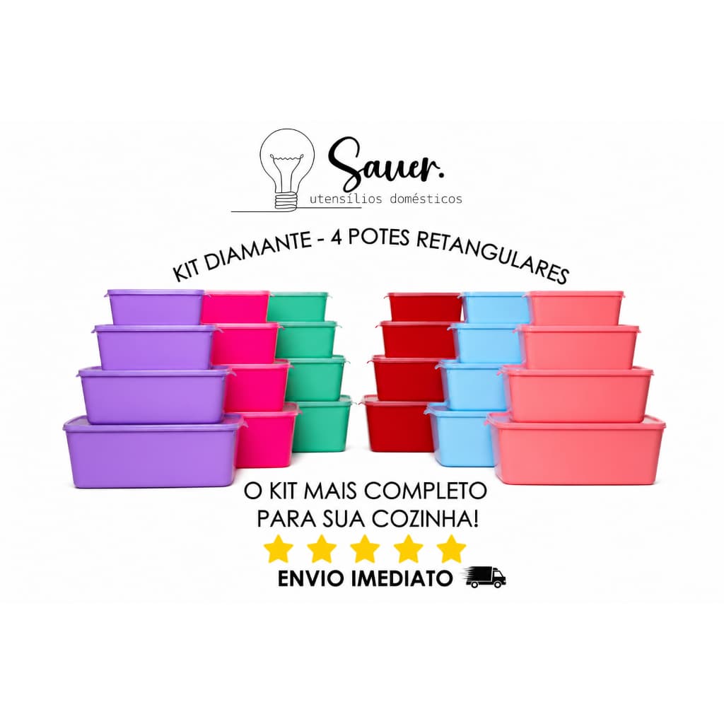 Kit Diamante Potes Retangulares Plástico 4 Tamanhos — Freezer e Microondas — BPA Free