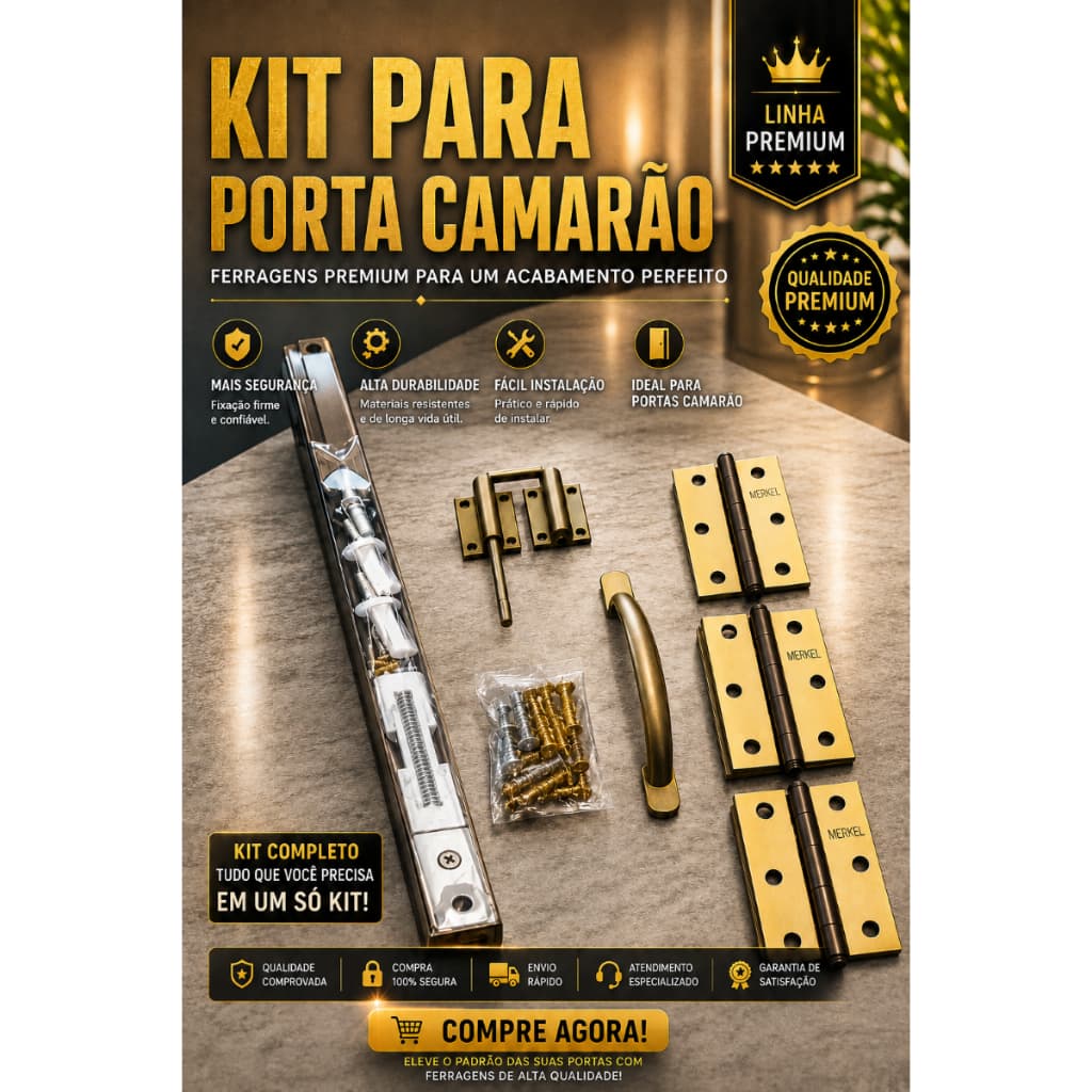 Kit completo ferragens porta camarão (Trilho+dobradiças+fecho+puxador) Acabamento Bronze, Preto e Branco