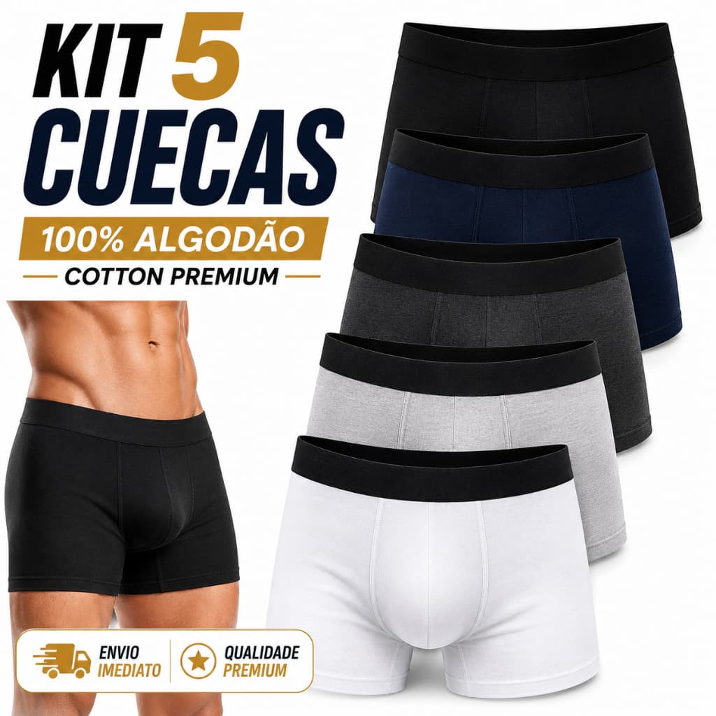 Kit 5 Cuecas Boxer Masculina Premium Algodão Respirável Confortável Cotton