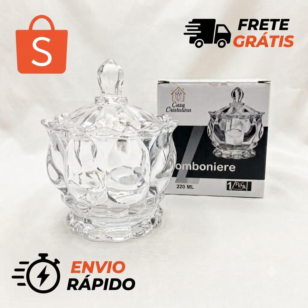BOMBONIERE VIDRO CRISTAL PREMIUM 220ML LUXO BALEIRO COZINHASALA CAFÉ DOCE BALAS MÉDIO POTICHE