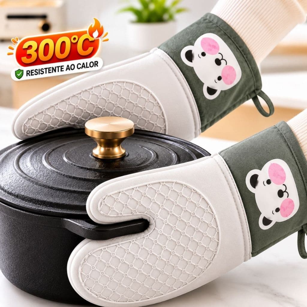 Kit com 2 Luvas Térmicas de Forno Silicone Antiderrapante Resistente ao Calor Ursinho para Air Fryer e Cozinha