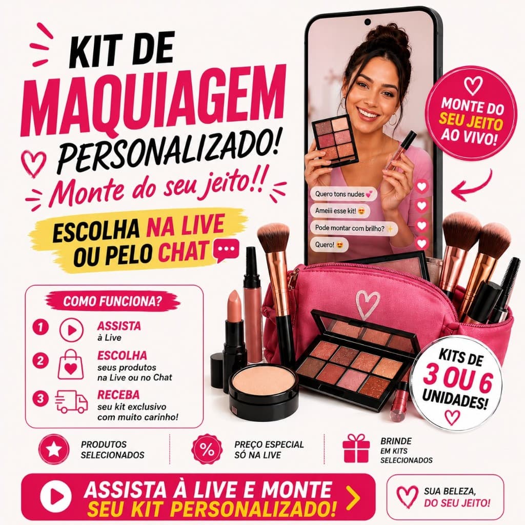 Kit de Maquiagem Personalizado 3 ou 6 Produtos | Escolha na Live ou Chat | Monte Seu Kit