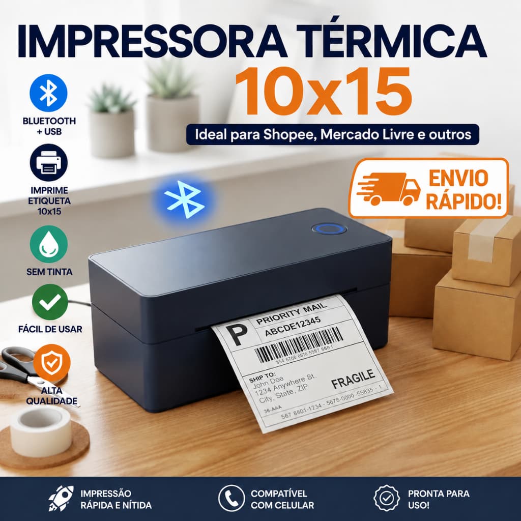 Impressora Termica de Etiquetas 100x15 Bluetooth 4x6 Para Shopee Compatível com PC e Celular