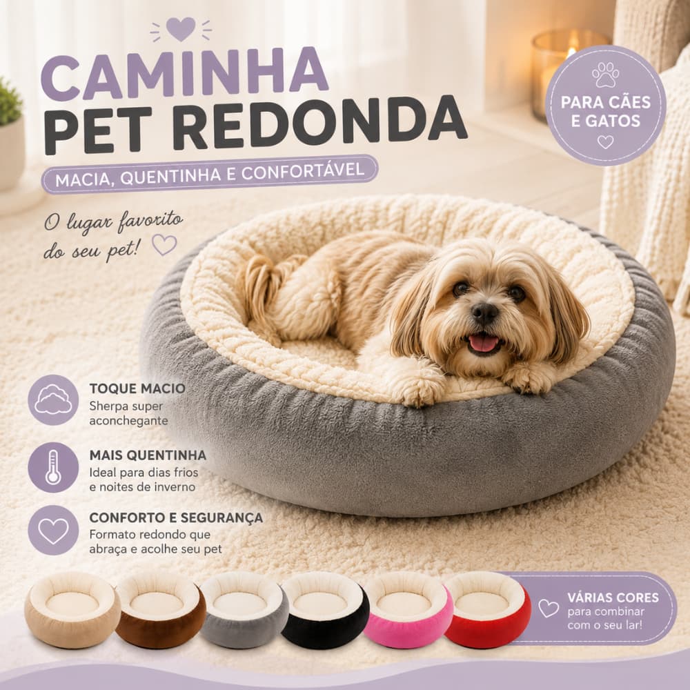 Caminha Pet Redonda Sherpa para Cachorro e Gato Macia Lavável Quentinha
