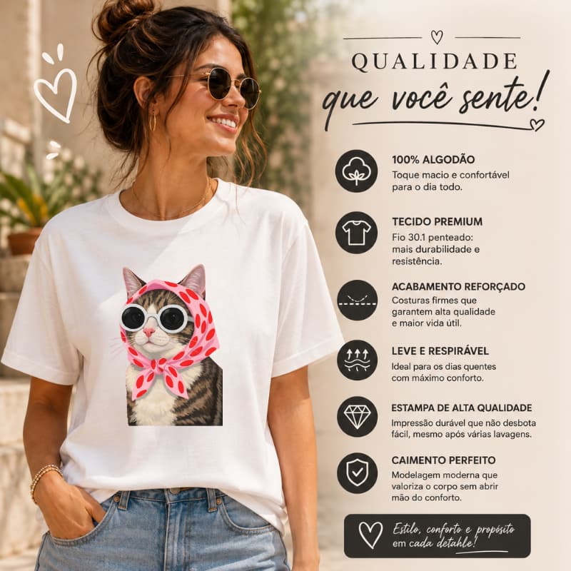 Camiseta Feminina 100% Algodão Estampa Gato Bandana Delicada Envio Ja