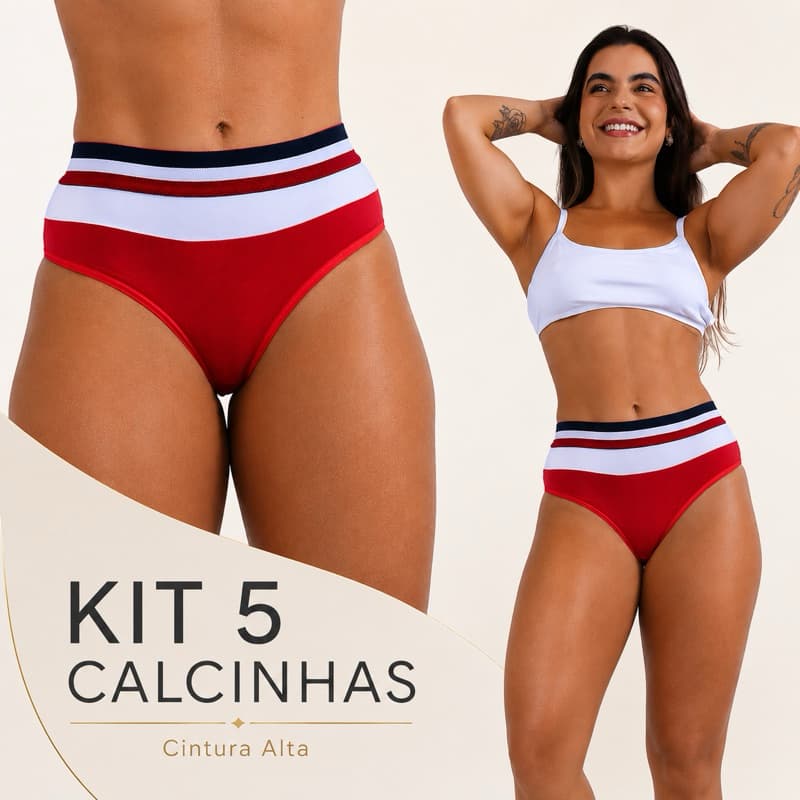 Kit 5 Calcinhas Tanga Feminina Cintura Alta Cós Elástico Tricolor Confortável Modeladora