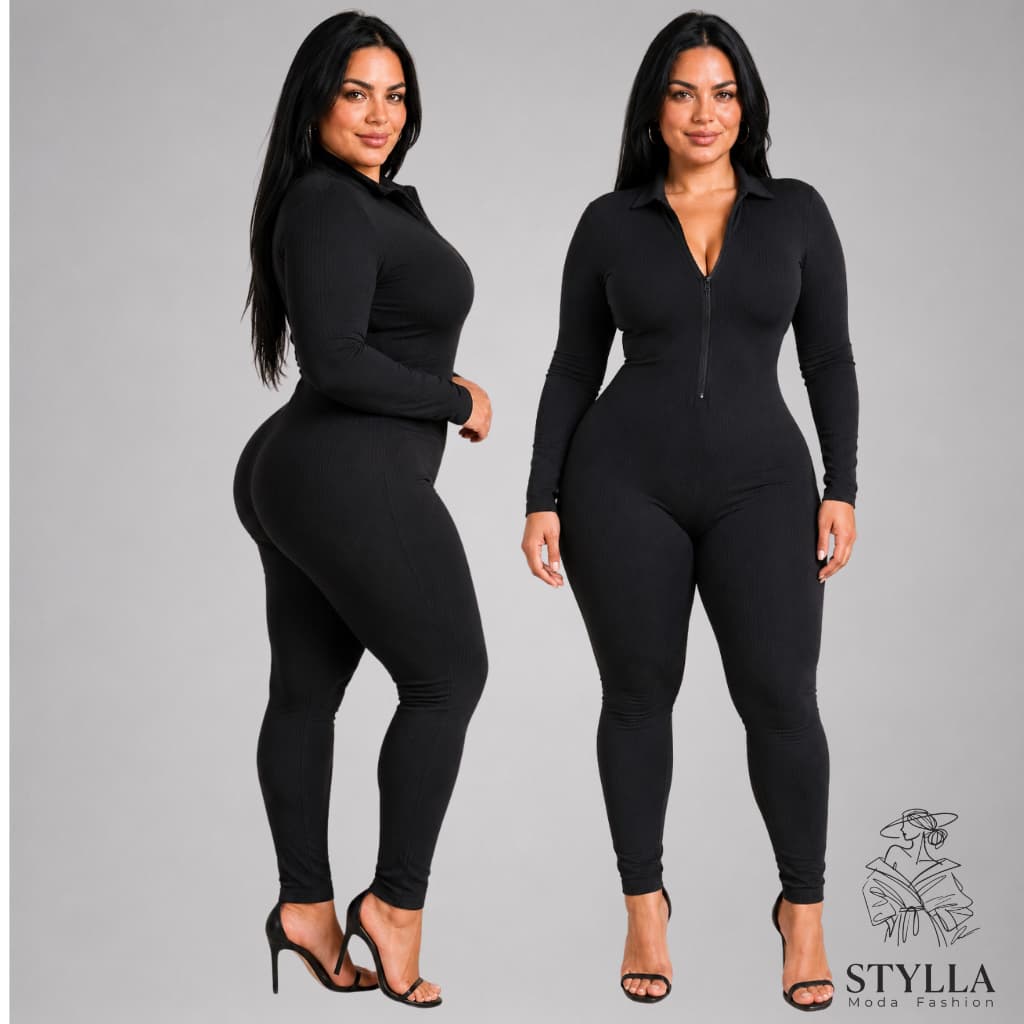 Macacao Plus Size Anarruga Preto Manga Longa, Confortável e Não Transparente, Gola Alta Zíper Frontal Fitness