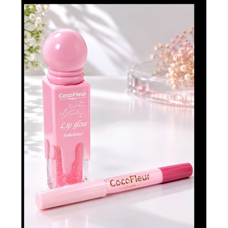 Kit CocoFleur Lip Gloss + Lip Stick 2 em 1 | Brilho Labial Rosa com Efeito Glossy ✨