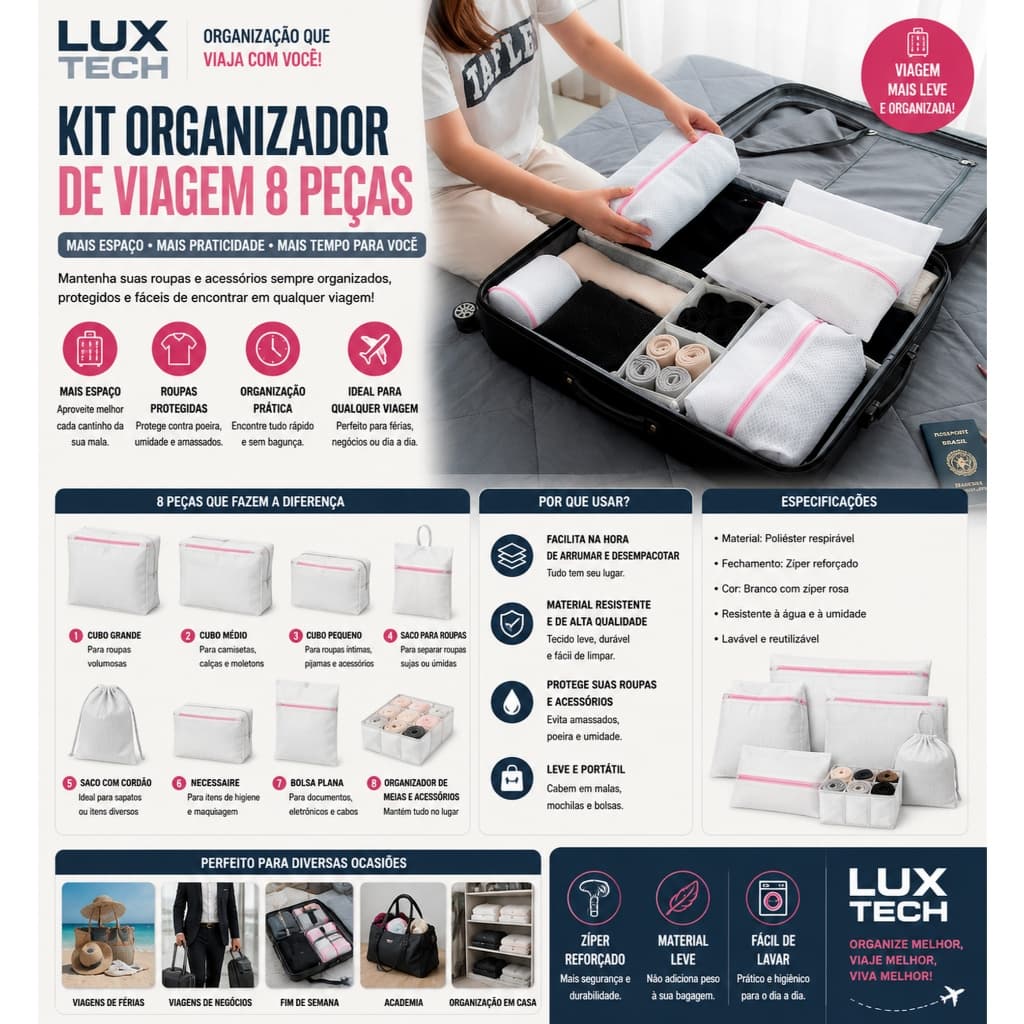 5 Sacos Protetores Poliéster Lavagem Reutilizáveis