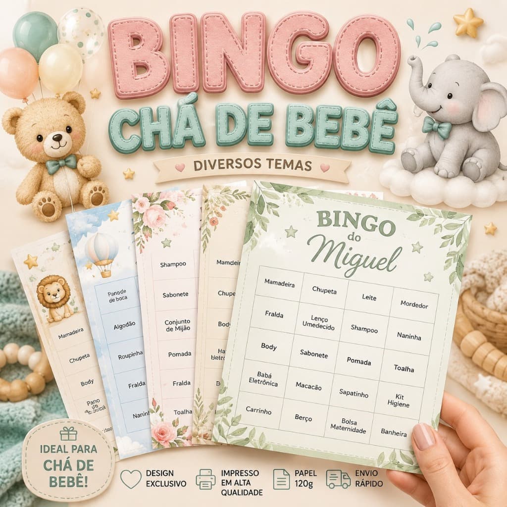 Cartelas Bingo Chá de Bebê Personalizado | Bingo Infantil | Bailarina | Astronauta | Dinosauro