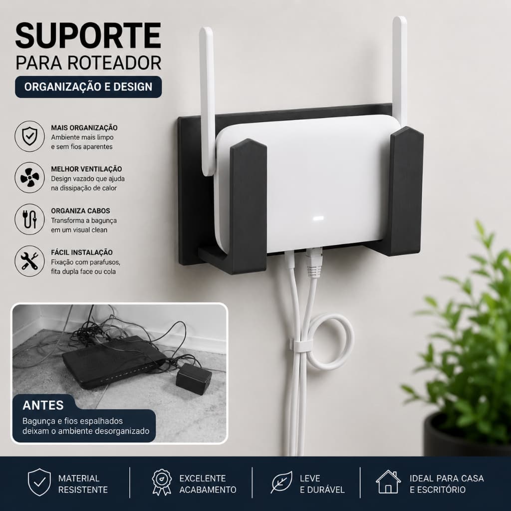 Suporte Roteador Parede Sem Furo Fita 3M Organizador WiFi Universal
