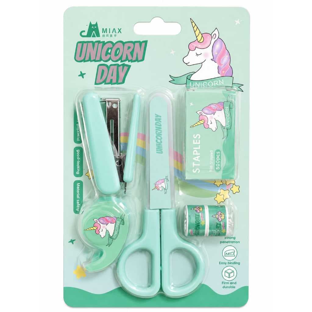Kit Papelaria Unicórnio 6 Peças MIAX Unicorn Day | Grampeador + Tesoura + 2 Fita Taper + Dispenser Grampos