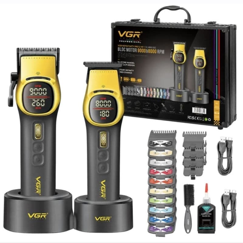 VGR V-885 S2 Kit Máquina de Corte + Máquina de Acabamento Profissional BLDC 9000/8000 RPM com Base de Carregamento