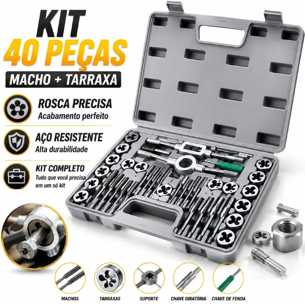 Kit 40 Peças Tarraxa e Macho Para Abrir Rosca em Ferro - Prateado