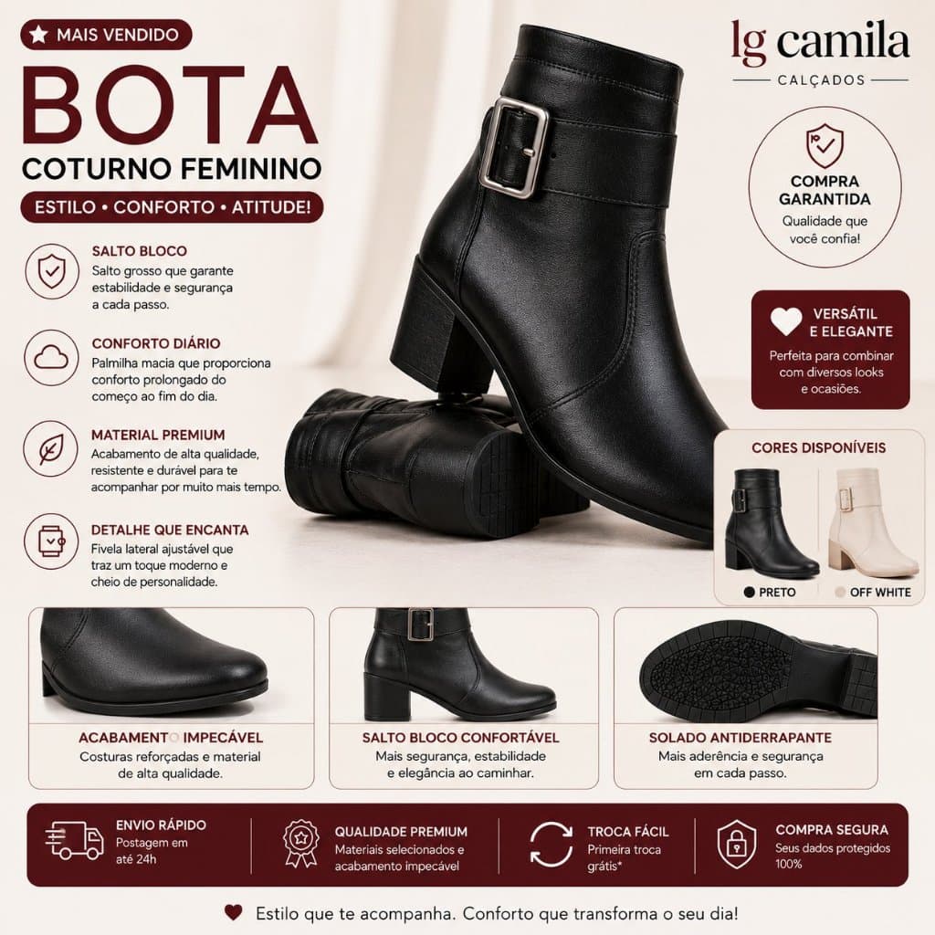 Bota Coturno Feminino bota salto bloco bico quadrado zíper fivela OffWhite Preto