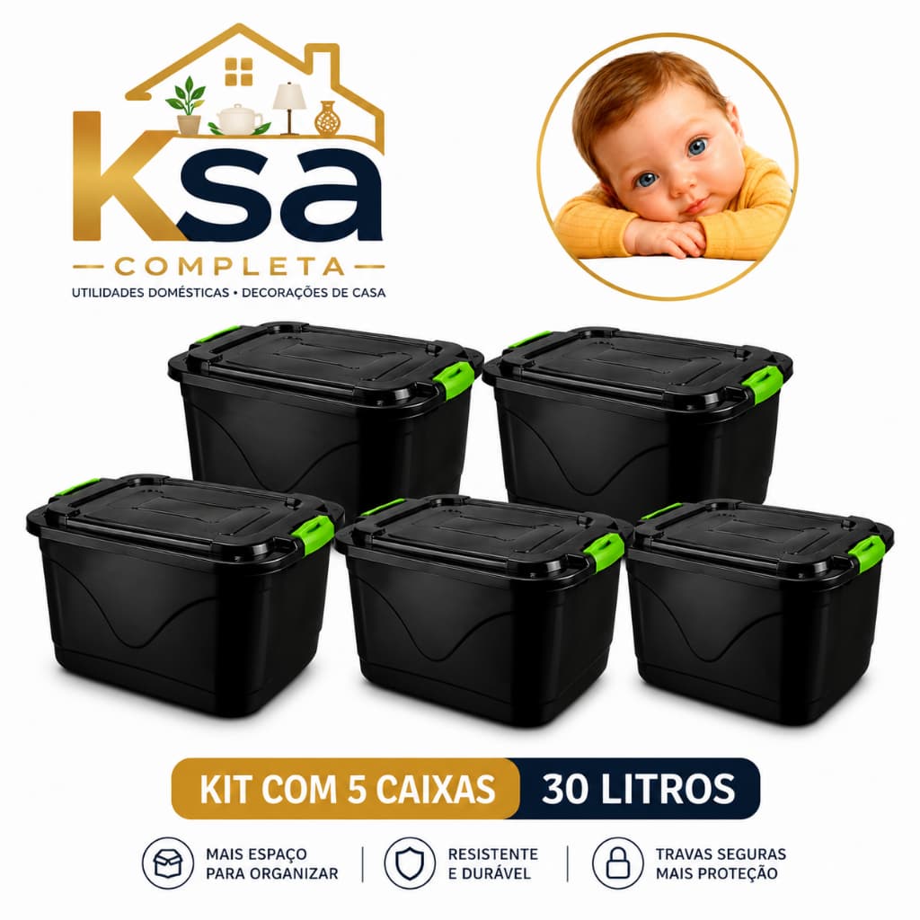 KIT 5 Caixa organizadoras 30 litros com travas click
