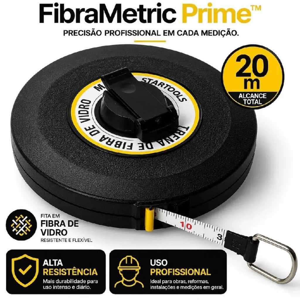 Trena Medidora 20 Metros Fibra de Vidro Profissional Resistente para Obras e Construção