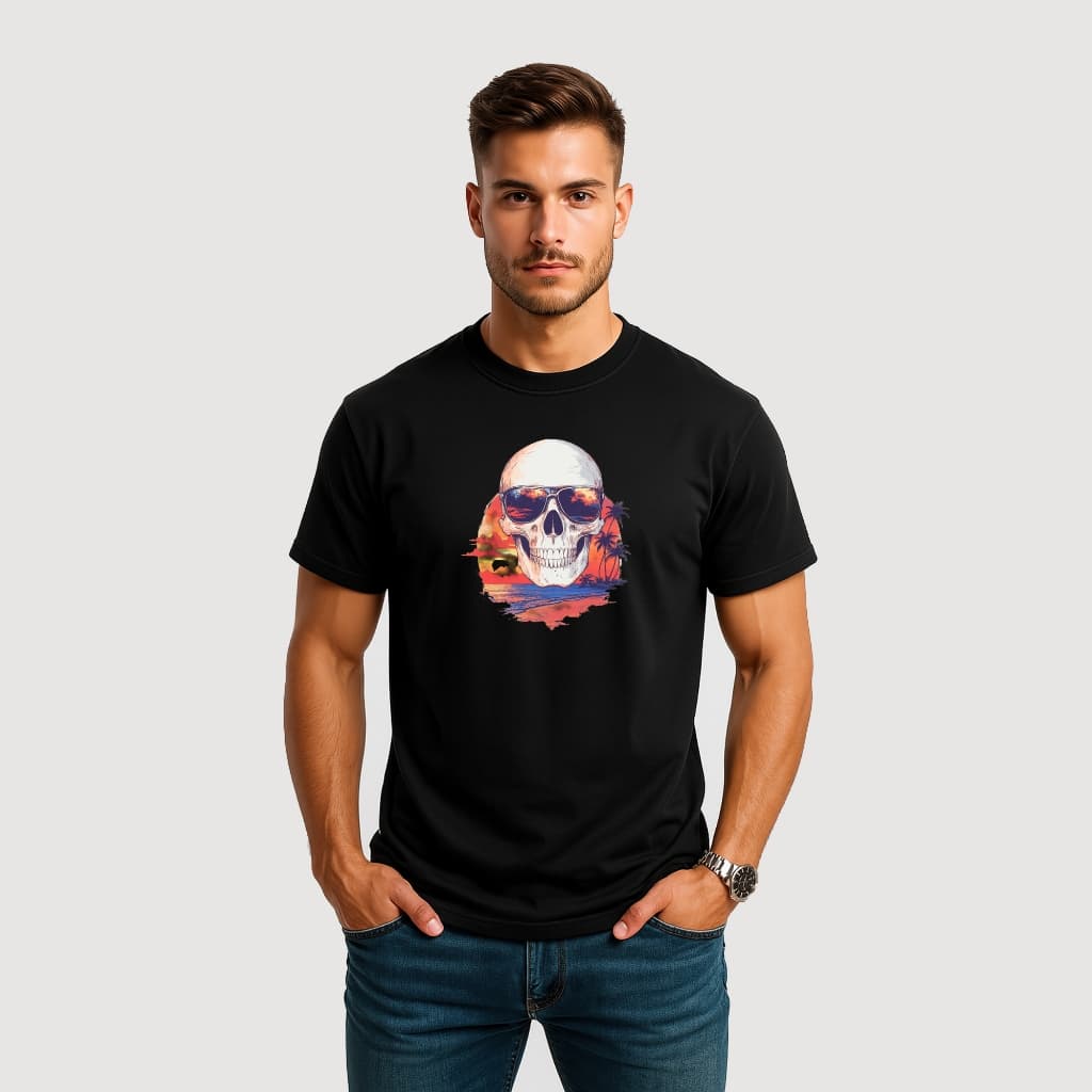CAMISETA MASCULINA ALGODÃO CAVEIRA OCULOS PRAIA TROPICAL PORDO SOL SURF VERMELHO AZUL