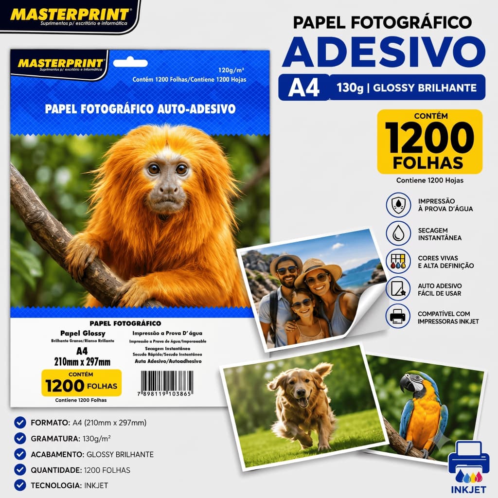 Papel Fotográfico Adesivo A4 130g Glossy Brilhante 1200 Folhas Masterprint
