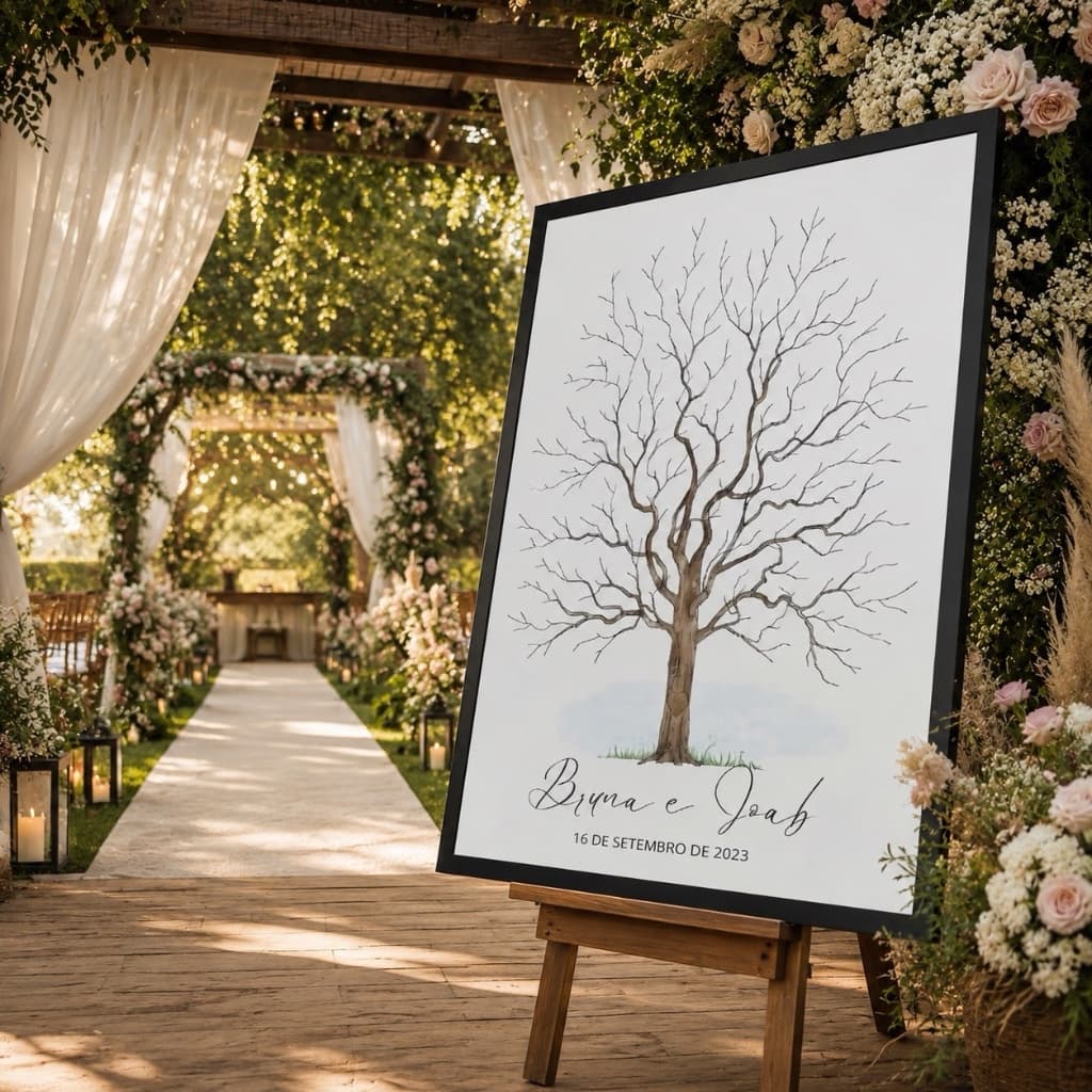 Quadro Placa Decorativa Cha Revelação Recepção Casamento Entrada Arvore Digitais Data e Nomes Noivos Decoração